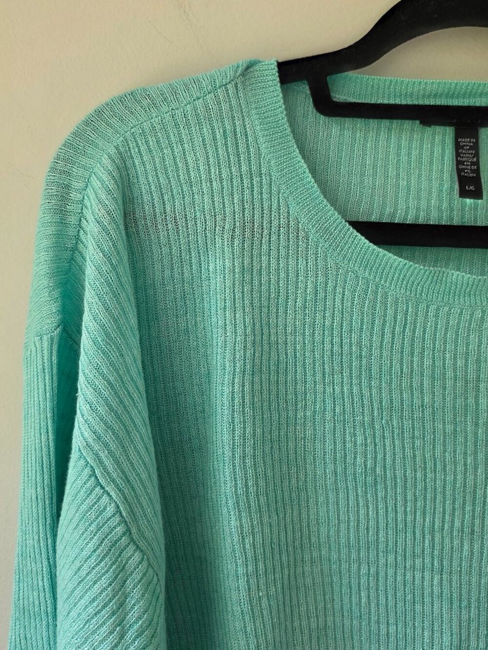 Eileen Fisher Organic Linen Ribbed Knit Crewneck Sweater | LG |Teal Turquoise - Picture 2 of 7